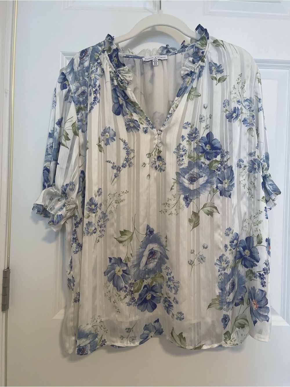 Maison d’Amélie Paris Blue White Floral Ruffle Blouse